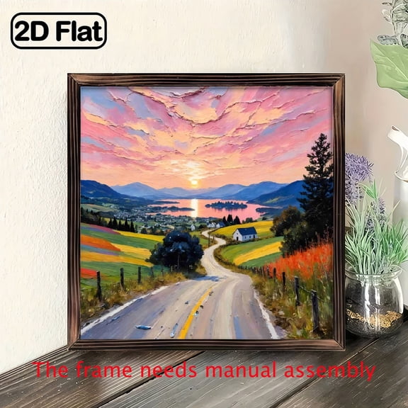 8-inch 2D flat "Country Road" wooden frame painting, easy to install, can be used as decorative signs and plaques for various wall scenarios, and is an ideal gift for festivals.
