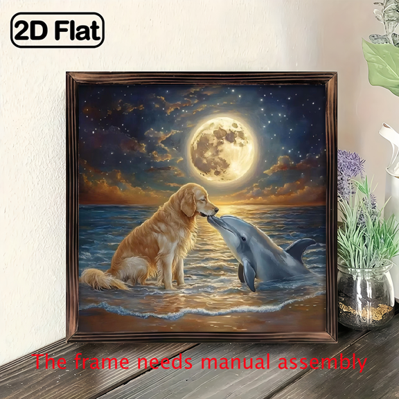 An 8-inch 2D flat "Dog and Dolphin" themed wooden frame painting, suitable for wall decoration signs and plaques in homes, offices, restaurants, etc. It can be a very perfect gift.
