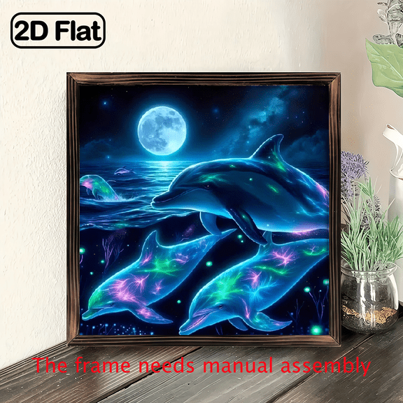 8-inch 2D flat "Dreaming Glowing Dolphin" wooden frame painting, easy to install, can be used as multi-scenario wall decorative signs and plaques, making it an ideal gift for festivals.