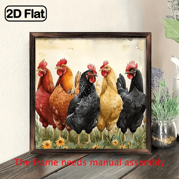 An 8-inch 2D flat "Farm Chicken Flock" themed wooden frame painting, suitable for wall decoration signs and plaques in homes, offices, restaurants and other places. It can be a very perfect gift.