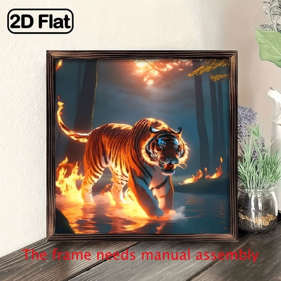 8-inch 2D flat "Fire Tiger" theme wooden frame painting, suitable for wall decoration signs and plaques in homes, offices, restaurants and other places. It can be a very perfect gift.