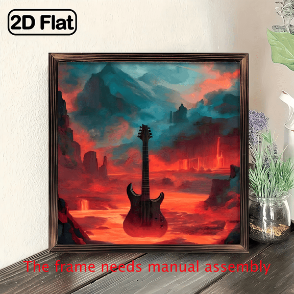 8-inch 2D flat "Flame Guitar" wooden frame painting, easy to install, can be used as a decorative sign or plaque for various wall scenarios. It is an ideal gift for Christmas and New Year.