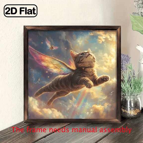 8-inch 2D flat "Flying Cat" wooden frame painting. Installation is simple. It is suitable for wall decorative signs and plaques in homes and other places. It is an ideal gift for housewarming.