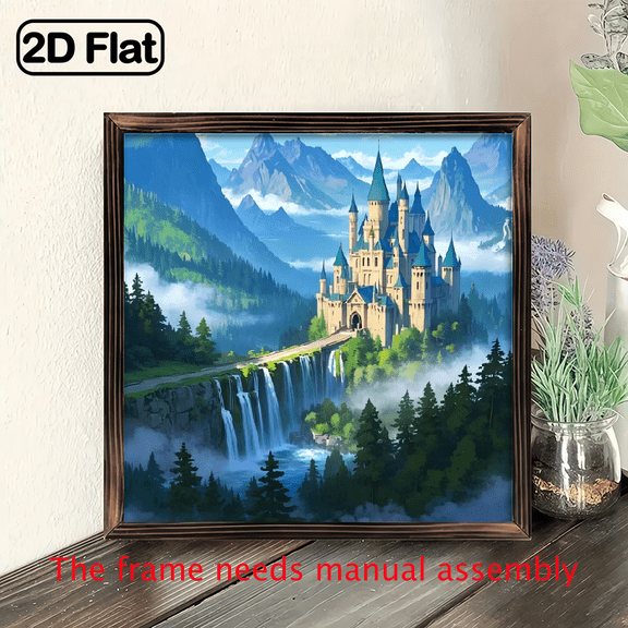 8-inch 2D flat "Forest Castle" wooden frame painting. Easy to install. Suitable for wall decoration signs and plaques in homes, etc. It is an ideal gift for festivals.