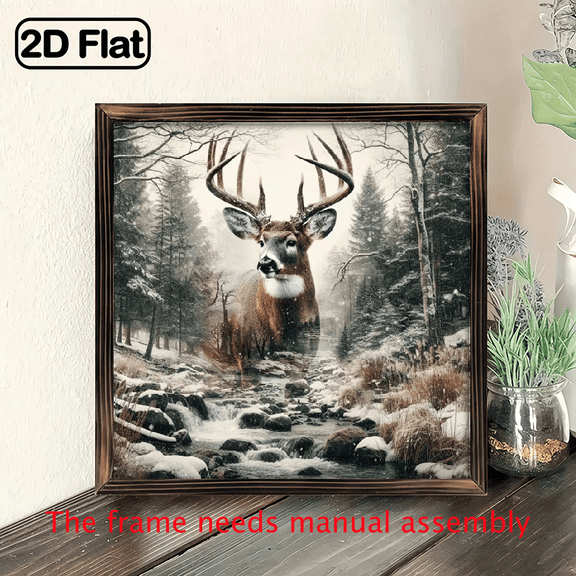 8-inch 2D flat "Forest River Deer Reflection" themed wooden frame painting, suitable for wall decoration signs and plaques in homes, offices, dining areas, etc. It can be a very perfect gift.