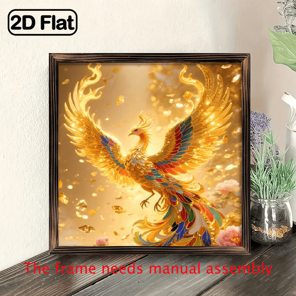 8-inch 2D flat "Golden Phoenix" wooden frame painting, easy to install, can be used as decorative signs and plaques for various wall scenarios, making it an ideal gift for festivals.