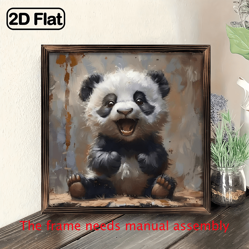 8-inch 2D flat "Happy Panda" wooden frame painting, easy to install ...