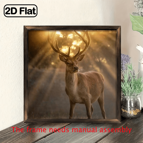 8-inch 2D flat "Light and Shadow Deer" wooden framed painting, easy to install, can be used as decorative signs and plaques for various wall surfaces, and is an ideal gift for various festivals.