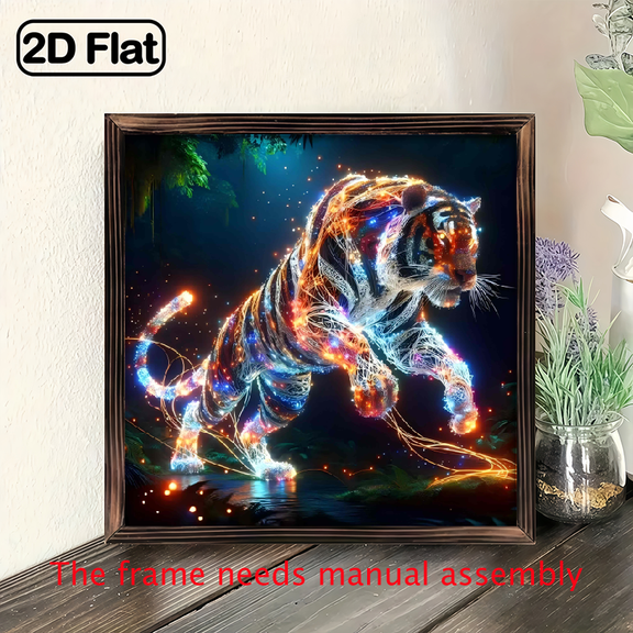 8-inch 2D flat "Luminous Running Tiger" theme wooden frame painting. Suitable for wall decoration signs and plaques in homes, offices, restaurants and other places. It can be a very perfect gift.