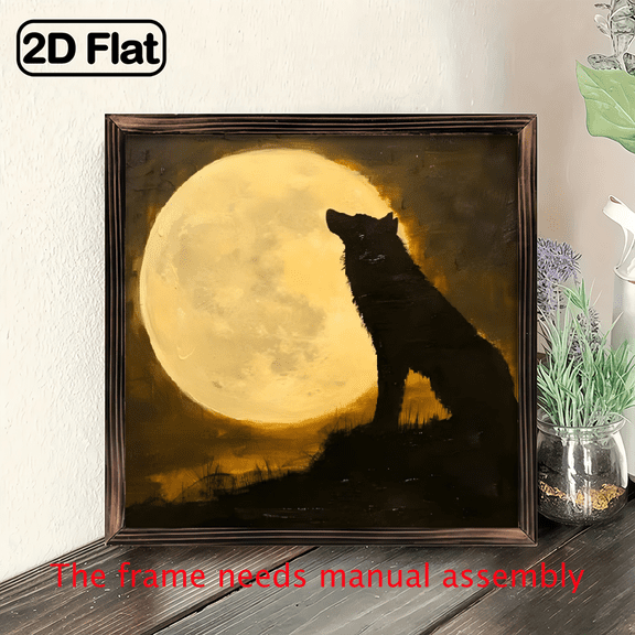 8-inch 2D flat "Moon Wolf Shadow" theme wooden frame painting, suitable for wall decoration signs and plaques in homes, offices, restaurants and other places. It can be a very perfect gift.