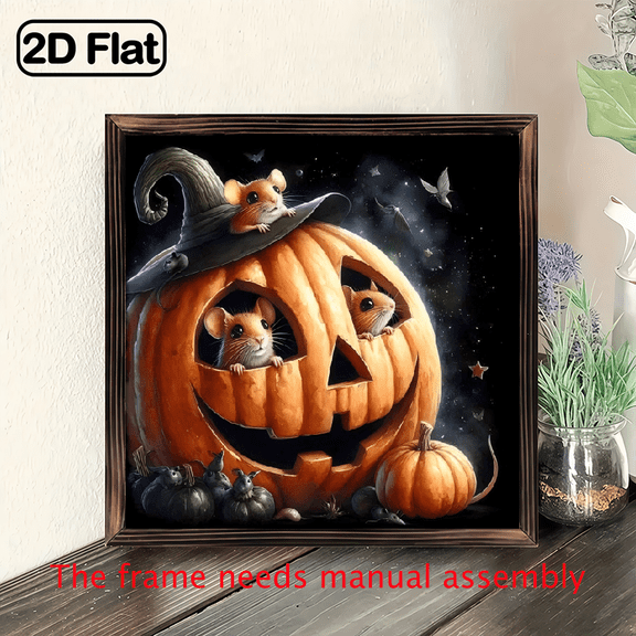8-inch 2D flat "Mouse in the Pumpkin" themed wooden frame painting. Suitable for wall decoration signs and plaques in homes, offices, restaurants, etc. It can be a very perfect gift.