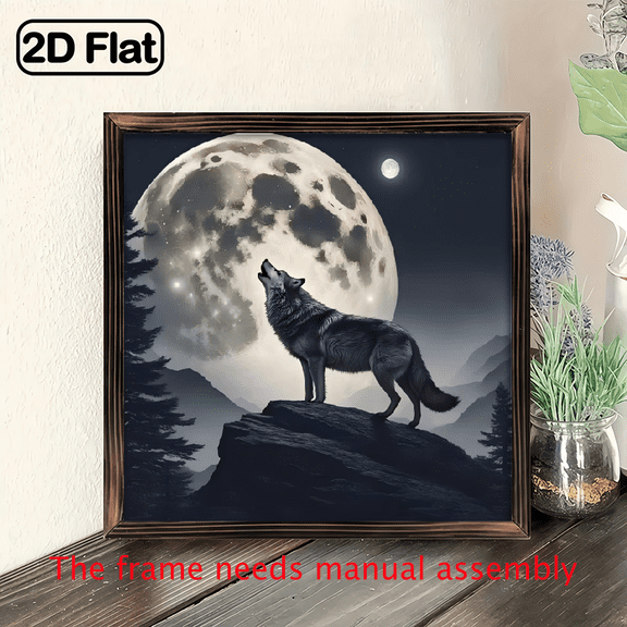 8-inch 2D flat "Night Howling Wolf" wooden frame painting, easy to install, can be used as a decorative sign or plaque for multiple scenarios on the wall, and is an ideal gift for festivals.