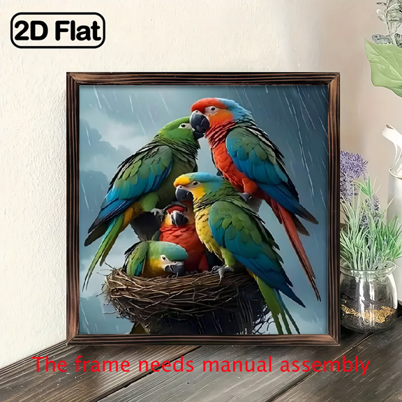 8-inch 2D flat "Parrot in Rain" themed wooden frame painting. Suitable for wall decoration signs and plaques in homes, offices, restaurants, etc. It can be a very perfect gift.