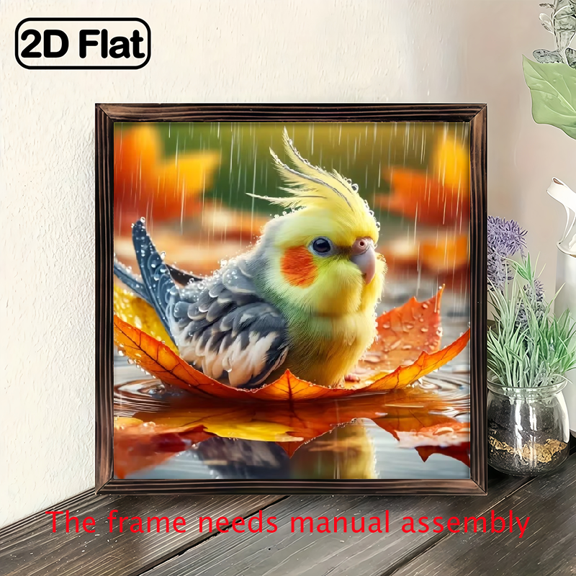 8-inch 2D flat "Parrot in Rain" themed wooden frame painting. Suitable for wall decoration signs and plaques in homes, offices, restaurants and other places. It can be a very perfect gift.