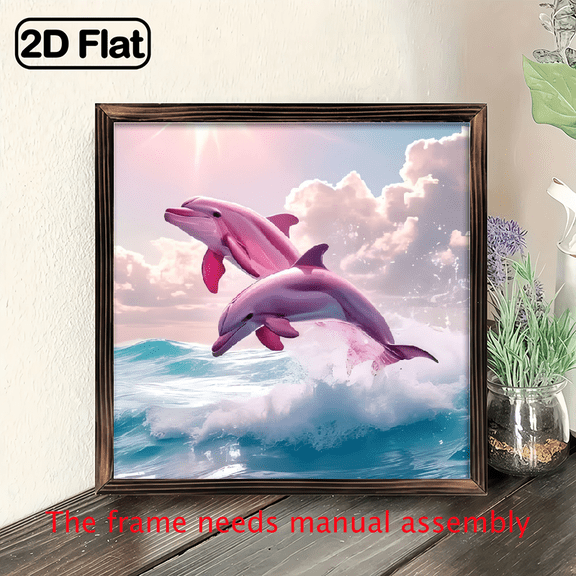 8-inch 2D flat "Pink Dolphin" wooden framed painting, easy to install, can be used as decorative signs and plaques for various wall surfaces, making it an ideal gift for festivals.