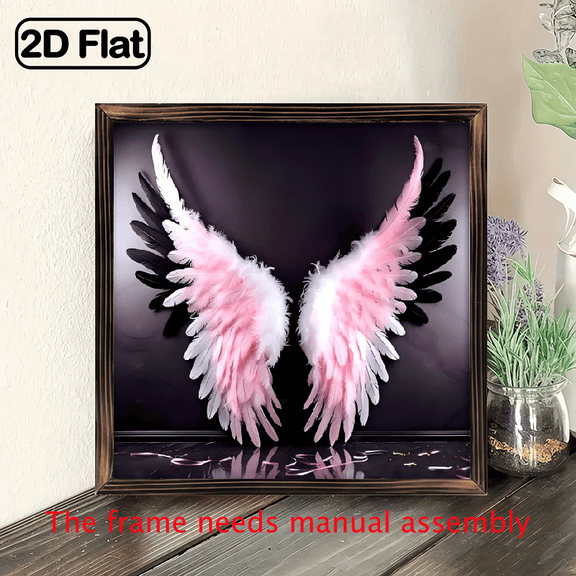 8-inch 2D flat "Pink Wings" wooden frame painting. Installation is simple. It is suitable for wall decoration signs and plaques in homes, etc. It is an ideal gift for festivals.