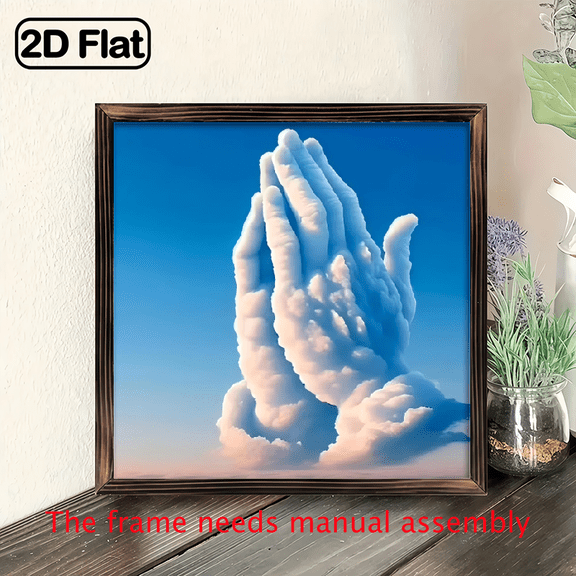 8-inch 2D flat "Praying Cloud Hands" wooden frame painting, easy to install, can be used as decorative signs and plaques for various wall surfaces, and is an ideal gift for various festivals.
