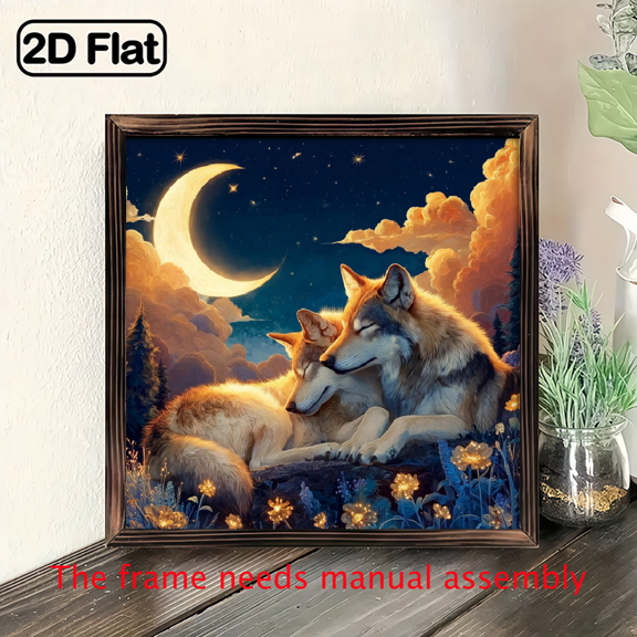 8-inch 2D flat "Sleeping Wolf" themed wooden frame painting. Suitable for wall decoration signs and plaques in homes, offices, restaurants, etc. It can be a very perfect gift.