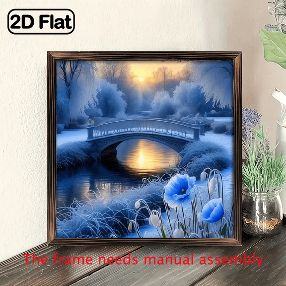 8-inch 2D flat "Snowy Bridge" wooden frame painting, easy to install, can be used as decorative signs and plaques for various wall scenes, and is an ideal gift for festivals.