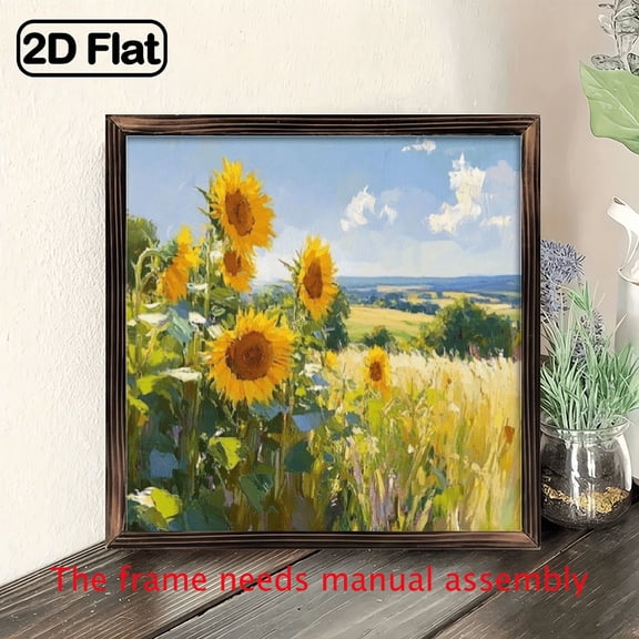 An 8-inch 2D flat "Sunflower Field" themed wooden frame painting. Suitable for wall decoration signs and plaques in homes, offices, restaurants and other places. It can be a very perfect gift.