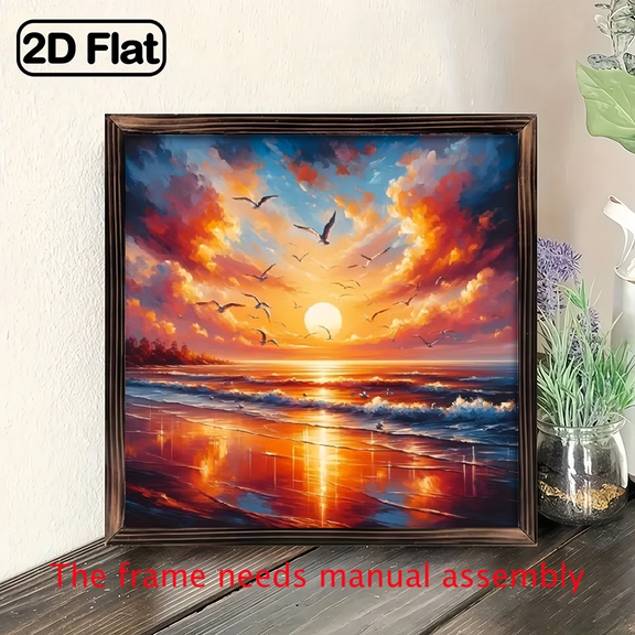 An 8-inch 2D flat "Sunset Beach Scene" wooden frame painting. Easy to install, suitable for wall decoration signs and plaques in homes and other places. It is an ideal gift for housewarming.