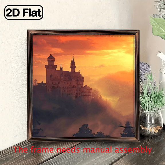 8-inch 2D flat "Sunset Castle" themed wooden frame painting, suitable for wall decoration signs and plaques in homes, offices, restaurants and other places. It can be a very perfect gift.