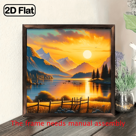 An 8-inch 2D flat "Sunset Lake" themed wooden frame painting. Suitable for wall decoration signs and plaques in homes, offices, restaurants, etc. It is an excellent gift.