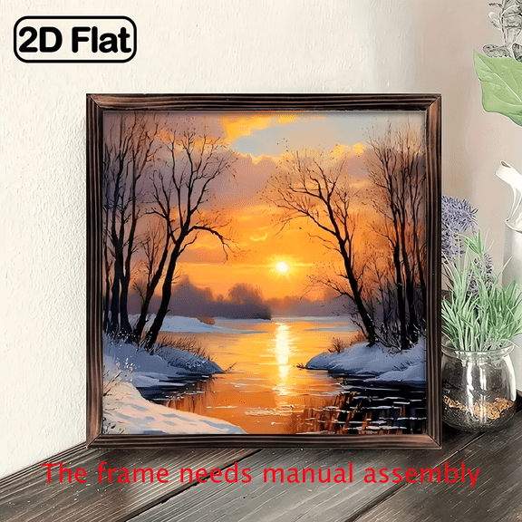 8-inch 2D flat "Sunset Over Lake" wooden frame painting, easy to install, can be used as a decorative sign or plaque for multiple scenarios on the wall, and is an ideal gift for festivals.