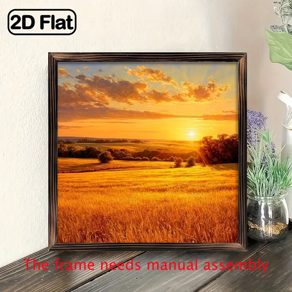 An 8-inch 2D flat "Sunset Wheat Field" themed wooden frame painting. Suitable for wall decoration signs and plaques in homes, offices, restaurants, etc. It can be a very perfect gift.