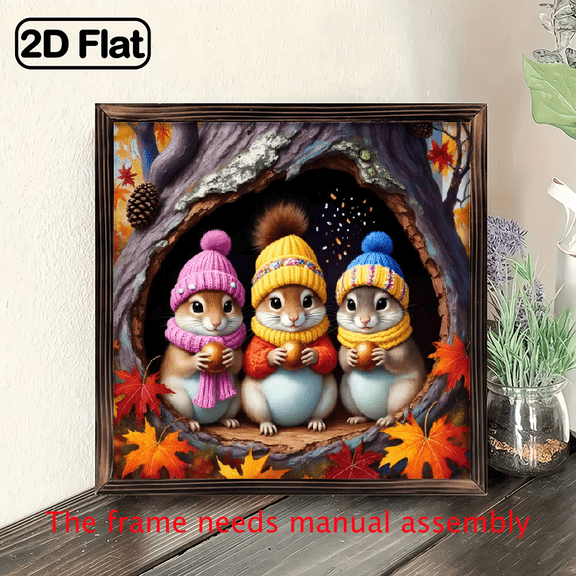 8-inch 2D flat "Tree Hole Squirrel" themed wooden frame painting, suitable for wall decoration signs and plaques in homes, offices, restaurants, etc. It can be a very perfect gift.
