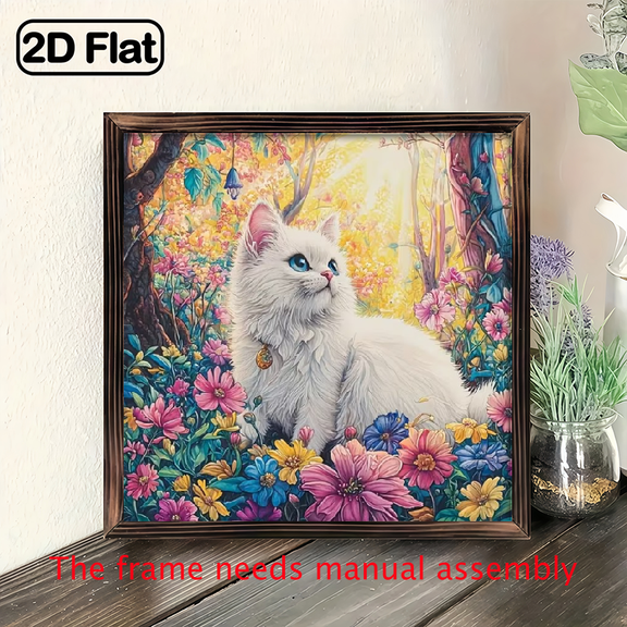8-inch 2D flat "White Cat Among Flowers" theme wooden frame painting, suitable for wall decoration signs and plaques in homes, offices, restaurants and other places. It can be a very perfect gift.