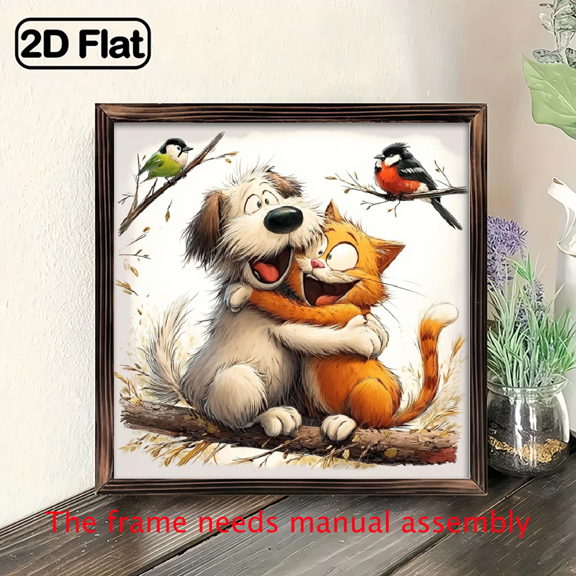 8-inch 2D plane "Cat and Dog hug" theme wooden frame painting, suitable for home, office, dining and other wall decorative signs and plaques, can be used as a very perfect gift.