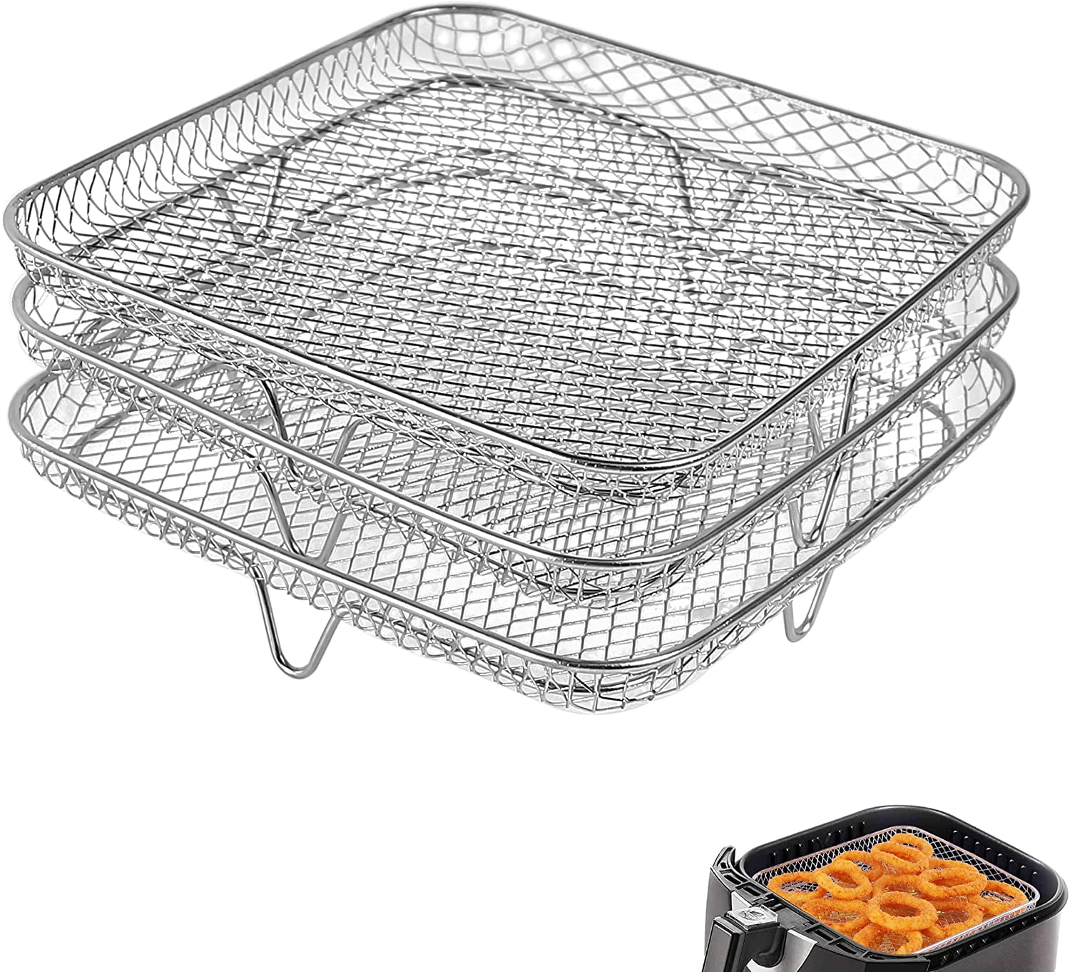 8 inch Air Fryer Rack for Instant Vortex Fryer Philips COSORI Fryer Square Three Stackable Racks Stainless Steel Multi Layer Dehydrator Rack Air
