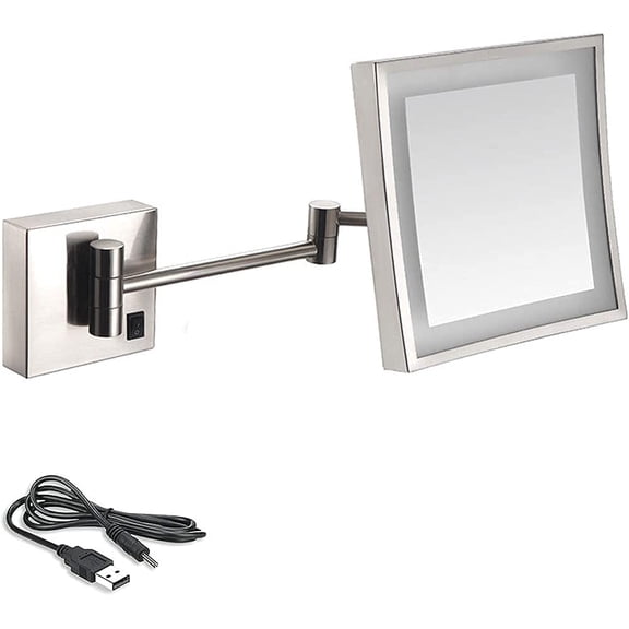 8 inch Bathroom Mirror Wall Mounted,USB Rechargeable Makeup Mirror 3X Magnification Shaving Mirror 180 Swivel Vanity Mirror Led Lighted Wall Mounted Mirrors Square Cosmetic Mirror (Ar