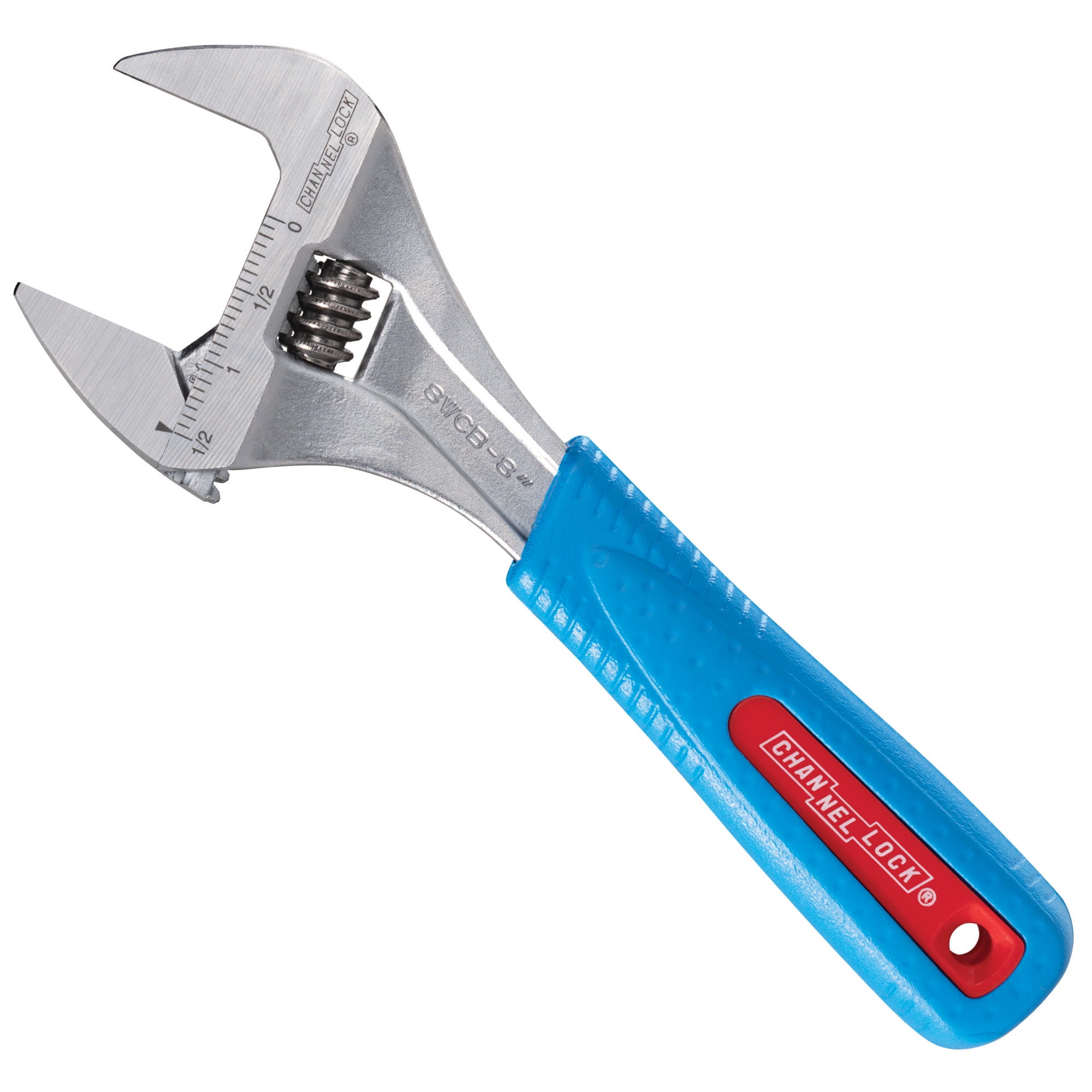CHANNELLOCK 8WCB 8-inch CODE BLUE WideAzz Adjustable Wrench, 1.5-inch Wide Mouth Jaw Capacity, Precise Jaw Design Grips in Tight Spaces, Measurement Scales for Easy Sizing Diameters