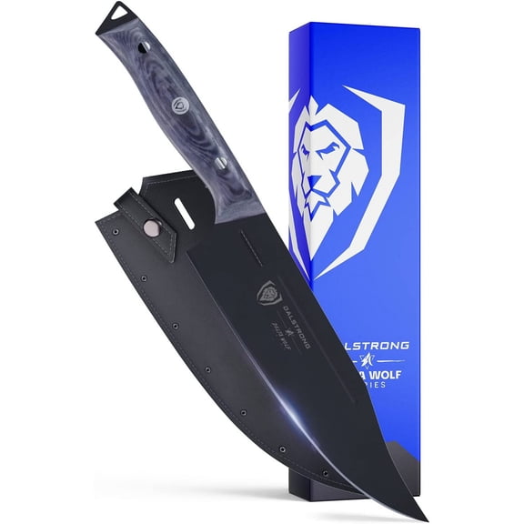 8 inch Chef Knife - Delta Wolf Series - Ultra-Thin & Zero Friction Blade - HC Steel - Black Titanium Nitride Coating - G10 Camo Handle - Leather Sheath