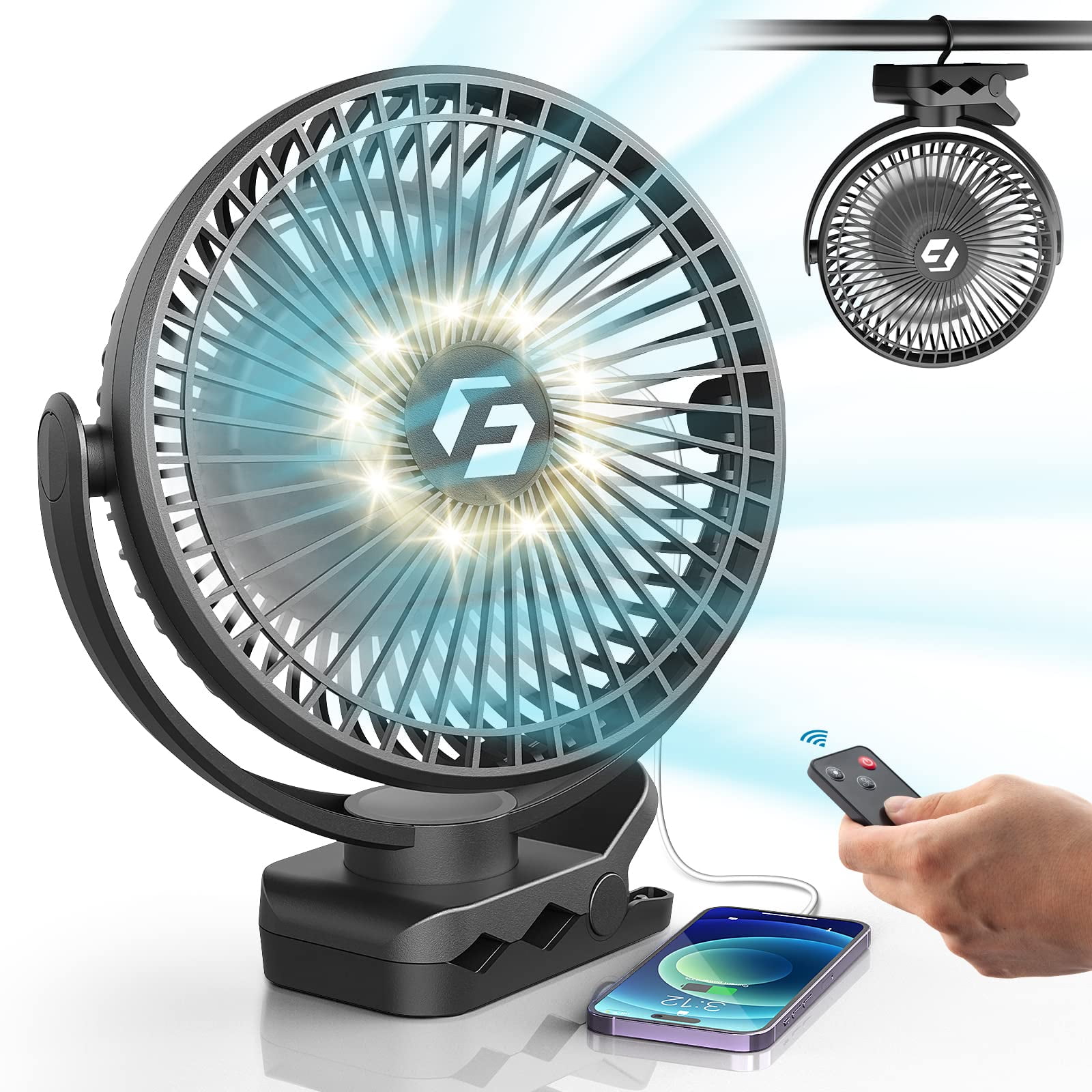 8-inch Clip on Fan - 12000mAh Portable Fan Battery Rechargeable with 3 Speeds and Strong Airflow, USB Fan Small Desk Fan Personal Quiet Fan for Office Stroller Bedroom and Camping
