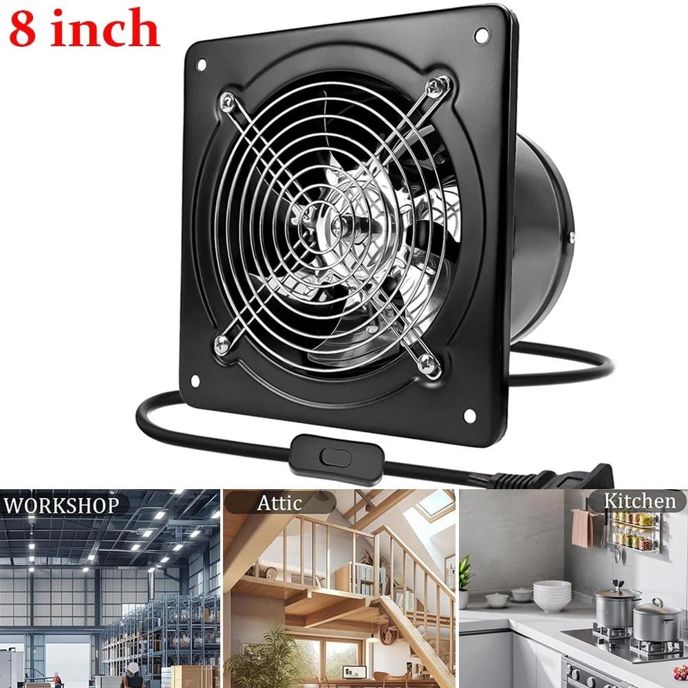 8 inch Exhaust FanThrough-wall installation Ventilation Fan 110V Exhaust Smoke Fan Ventilation with Power Cord for Kitchen,Bathroom,laundry room,Toilets,Garage (Black)