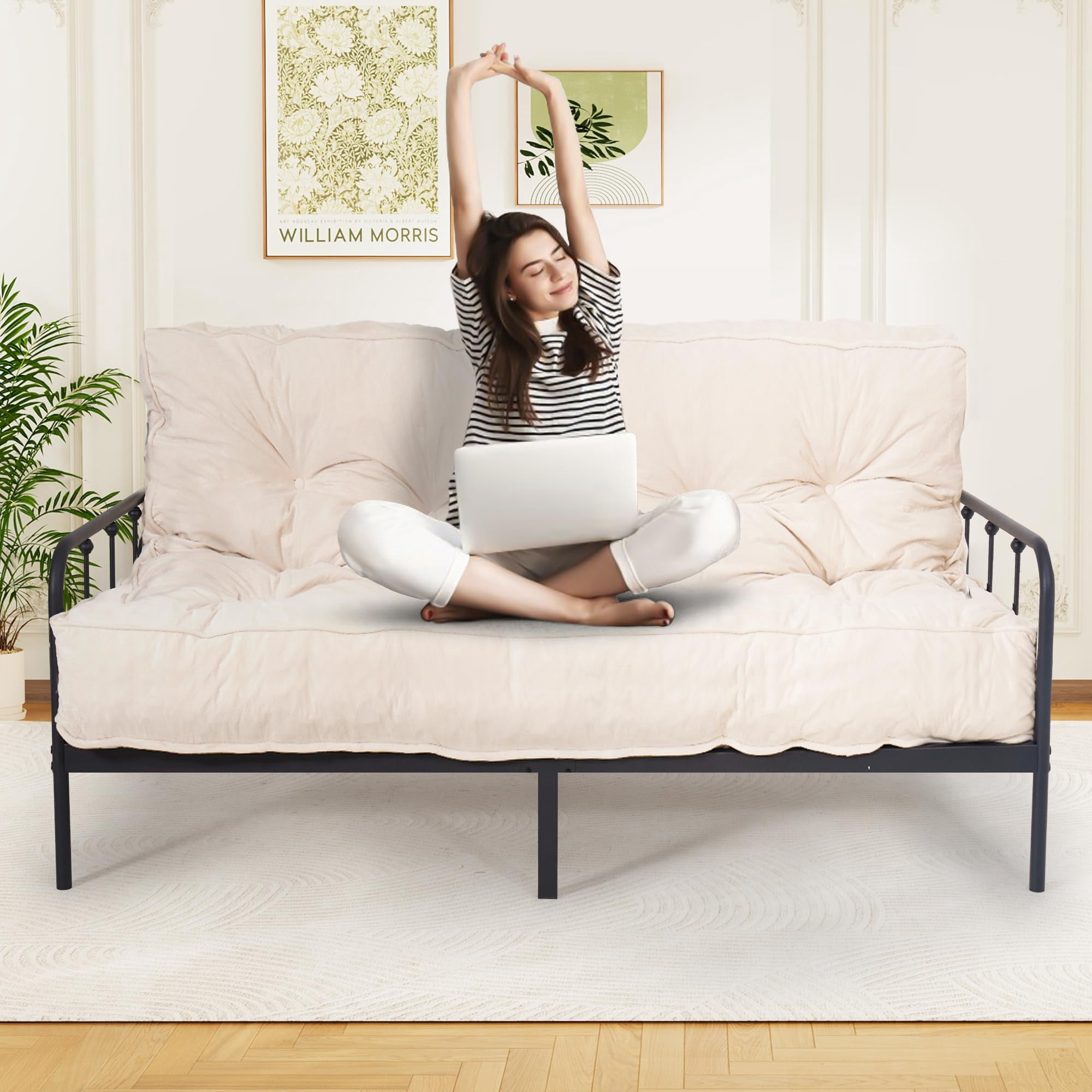 8-inch Futon Mattress Full Size, Thick Futon Sofa Couch Bed Foldable Floor Sleeping Pad for Adults, Ultra-Soft Foam Floor Bed Mattress, Portable Velvet Tatami Mat, (Frame Not Included), White