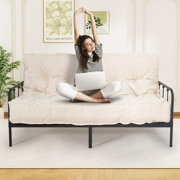 8-inch Futon Mattress Full Size, Thick Futon Sofa Couch Bed Foldable Floor Sleeping Pad for Adults, Ultra-Soft Foam Floor Bed Mattress, Portable Velvet Tatami Mat, (Frame Not Included), White