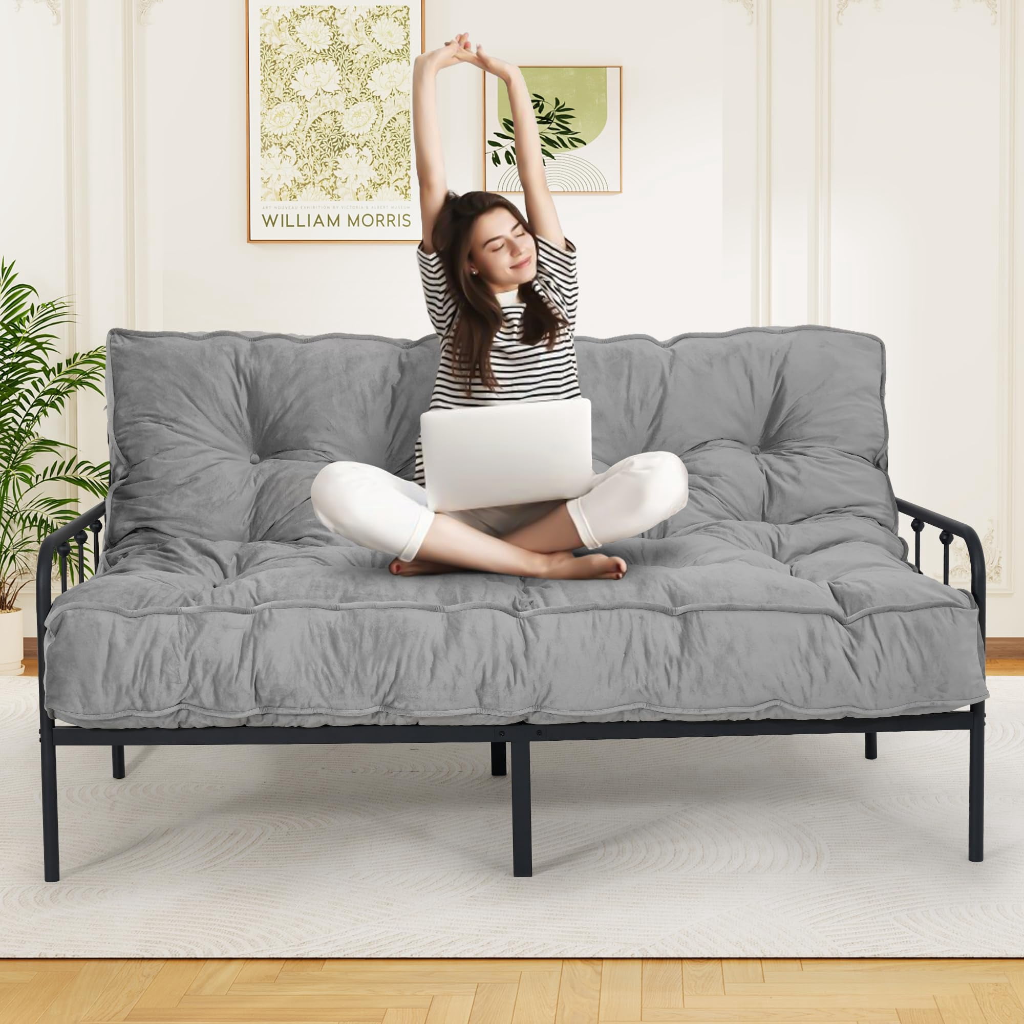 8-inch Futon Mattress Queen Size, Thick Futon Sofa Couch Bed Foldable Floor Sleeping Pad for Adults, Portable Floor Bed Mattress, Velvet Tatami Mat (Frame Not Included), Light Grey