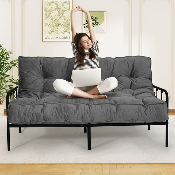 8-inch Futon Mattress Queen Size, Thick Futon Sofa Couch Bed Foldable Floor Sleeping Pad for Adults, Portable Floor Bed Mattress, Velvet Tatami Mat (Frame Not Included), Deep Grey