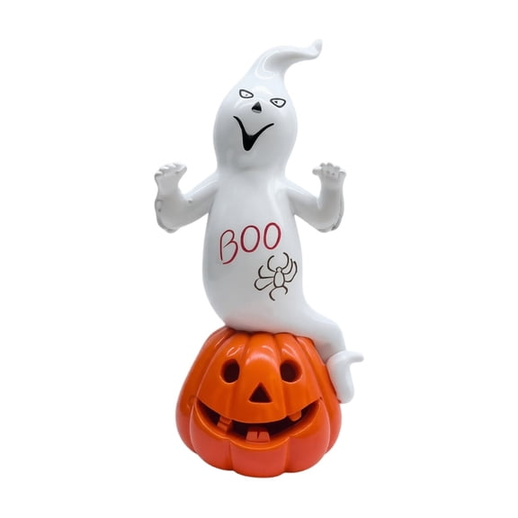 8 inch Halloween Pumpkin Ghost Figurine, Cute Riding White Ghost Resin Statue Tabletop Sculpture for Home Office Desk Decor