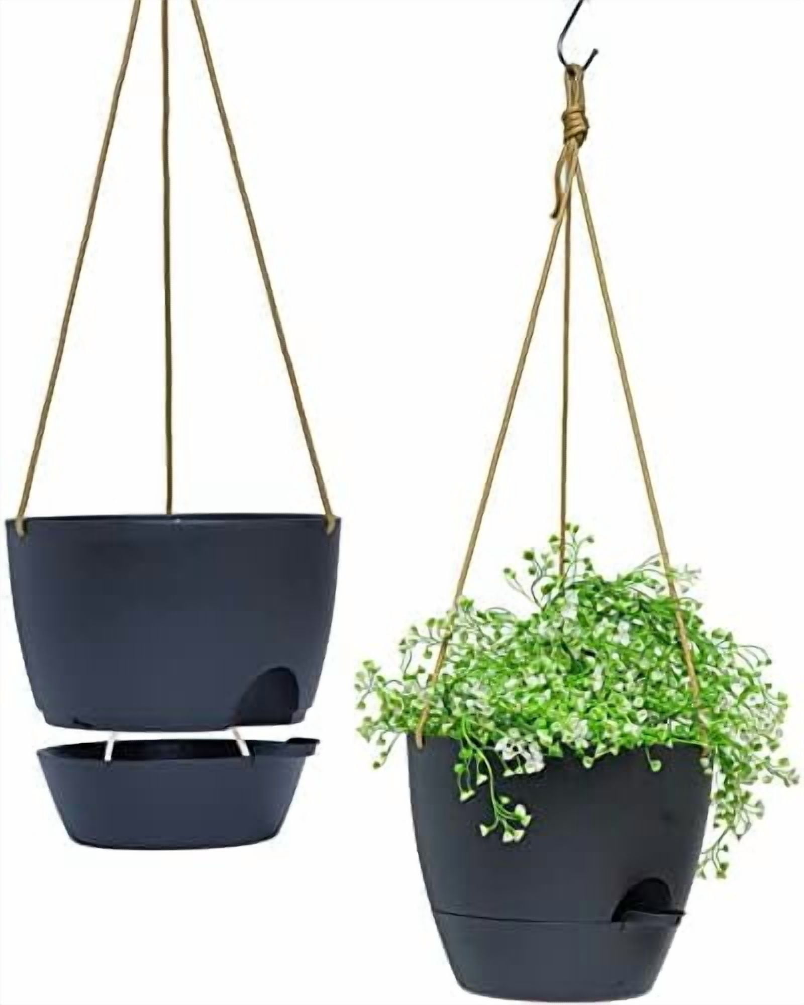 8 inch Hanging Planters, 2 Pack Self Watering Hanging Pots with 20oZ Deep Reservoir for Indoor Outdoor Plants Flowers, Black