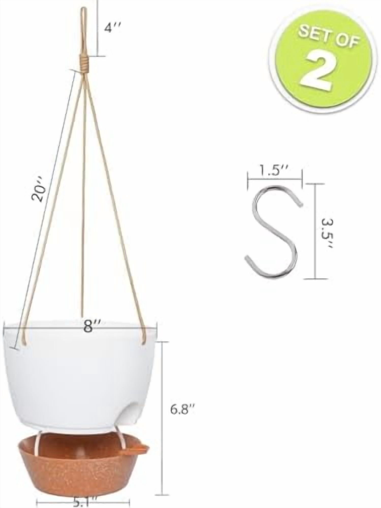 8 inch Hanging Planters, 2 Pack Self Watering Hanging Pots with 20oZ Deep Reservoir for Indoor Outdoor Plants Flowers, White with Brown