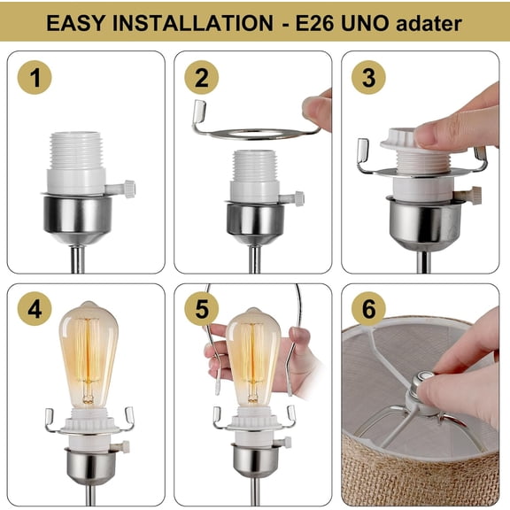 8 inch Lamp Shade Harp Holder, Lamp Harp Fits E26 Light Base UNO Fitter Adapter, UNO Fitter Adapter Finial Set, Adapted All Styles of Lamp Shade, Table and Floor Lamps (Nickel) QC-17