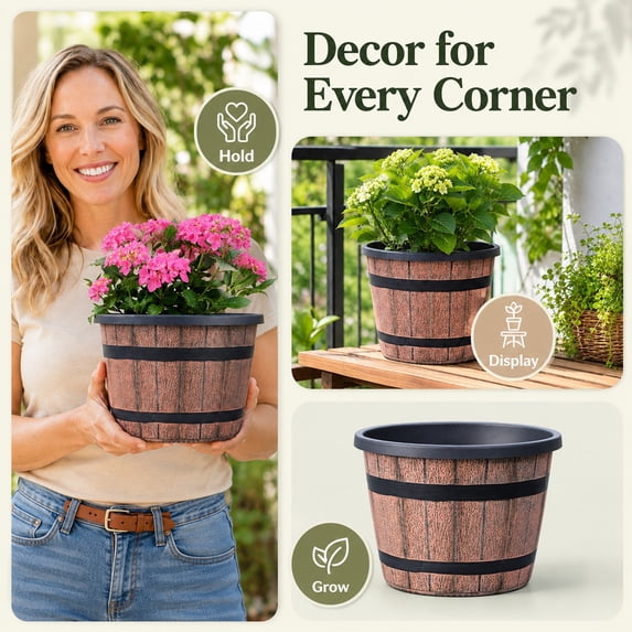 8-inch-Plant-Pots-Indoor-Outdoor, Barrel Planters with Drainage Holes & Saucer, Plastic Flower Pots Imitation Wine Barrel Design, Decorative Garden Pots for Plants