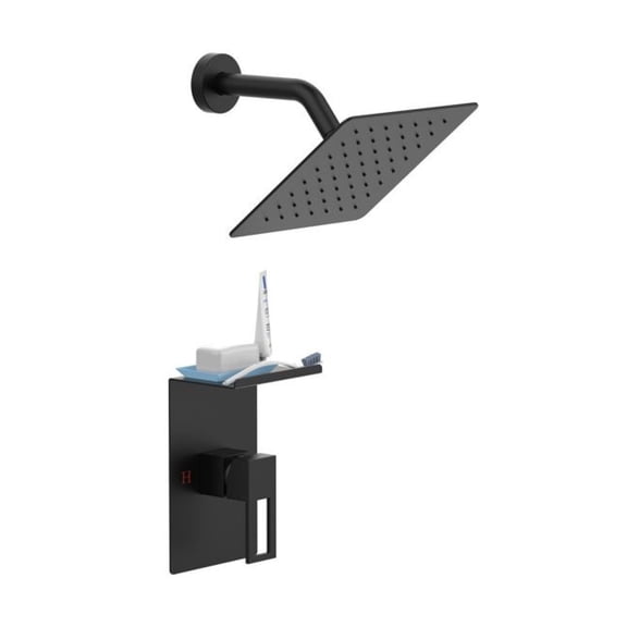 8-inch Rain Set Matte Black - Complete Shower System with Shelf - Single Spray Bathroom