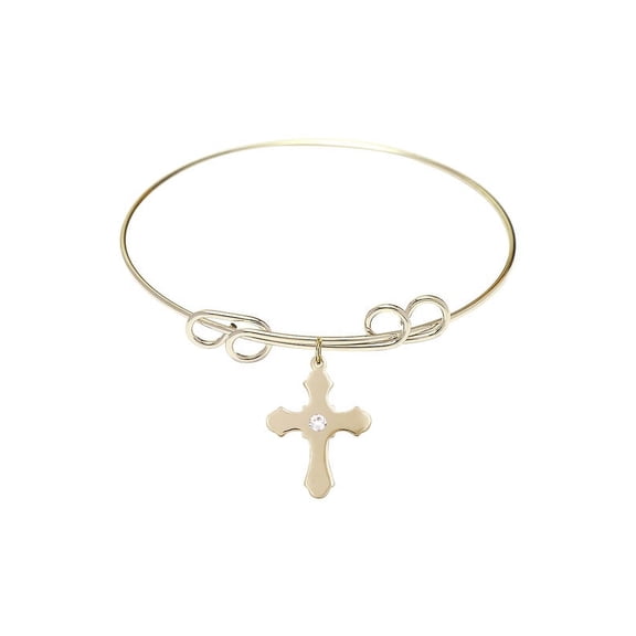8 inch Round Double Loop Bangle Bracelet w/ Cross medal charm w/ April Crystal Swarovski Crystal