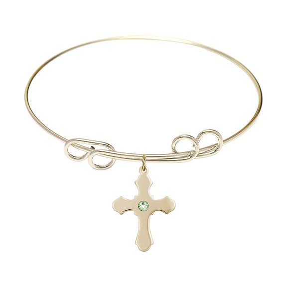 8 inch Round Double Loop Bangle Bracelet w/ Cross medal charm w/ August Green Swarovski Crystal